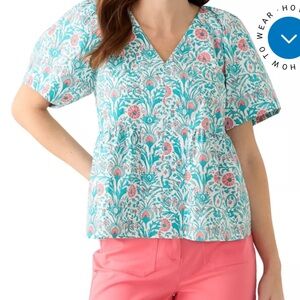 Crown & Ivy Floral Cotton Peplum Blouse Teal Pink Short Sleeve Large spring